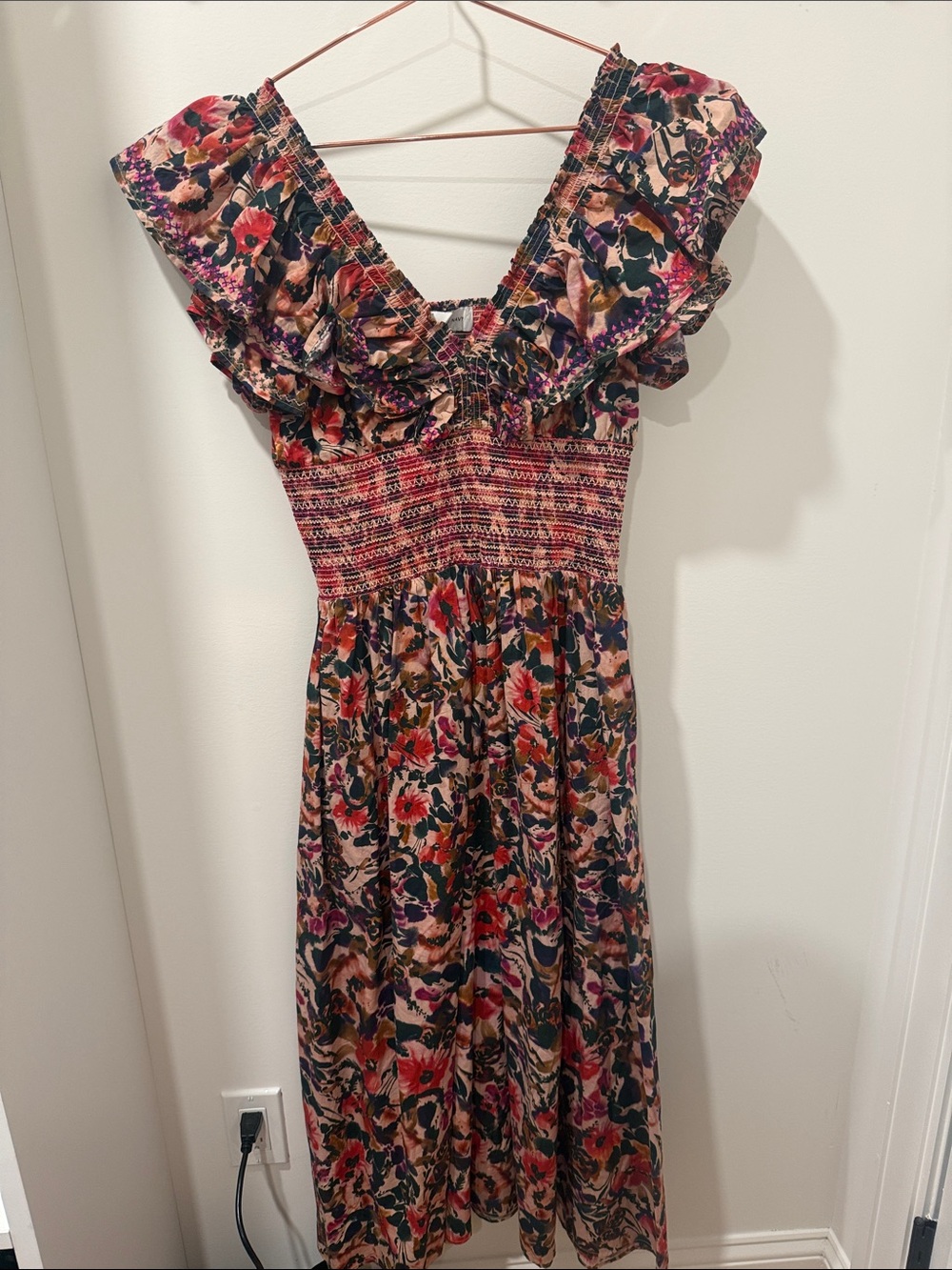 Something Navy Floral Ruffled Smocked Midi Dress - Pink, Navy, Cream